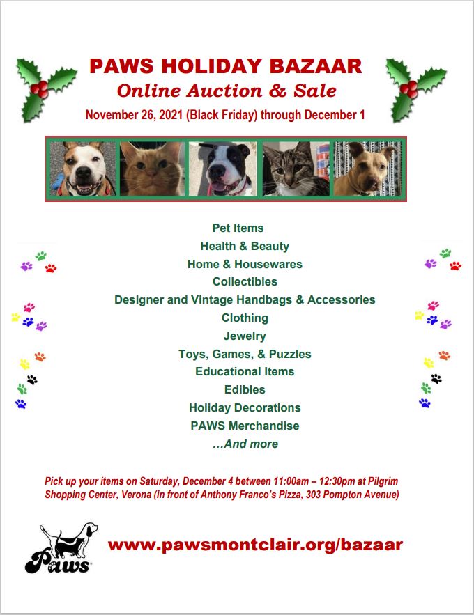 PAWS HOLIDAY BAZAAR
Online Auction & Sale
November 26, 2021 (Black Friday) through December 1